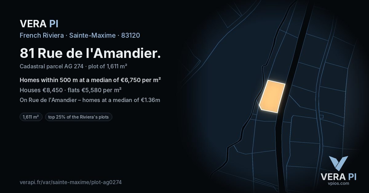 81 Rue de l'Amandier, Sainte-Maxime at night – the plot lit, the parcels around coloured by the prices near them