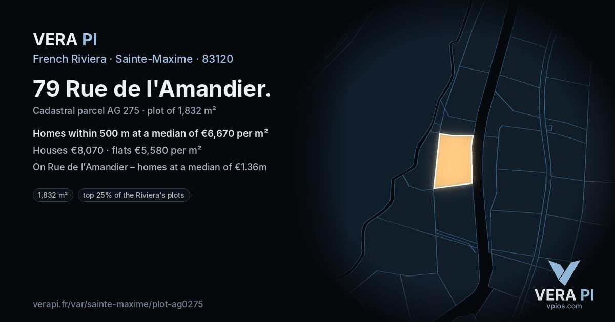 79 Rue de l'Amandier, Sainte-Maxime at night – the plot lit, the parcels around coloured by the prices near them
