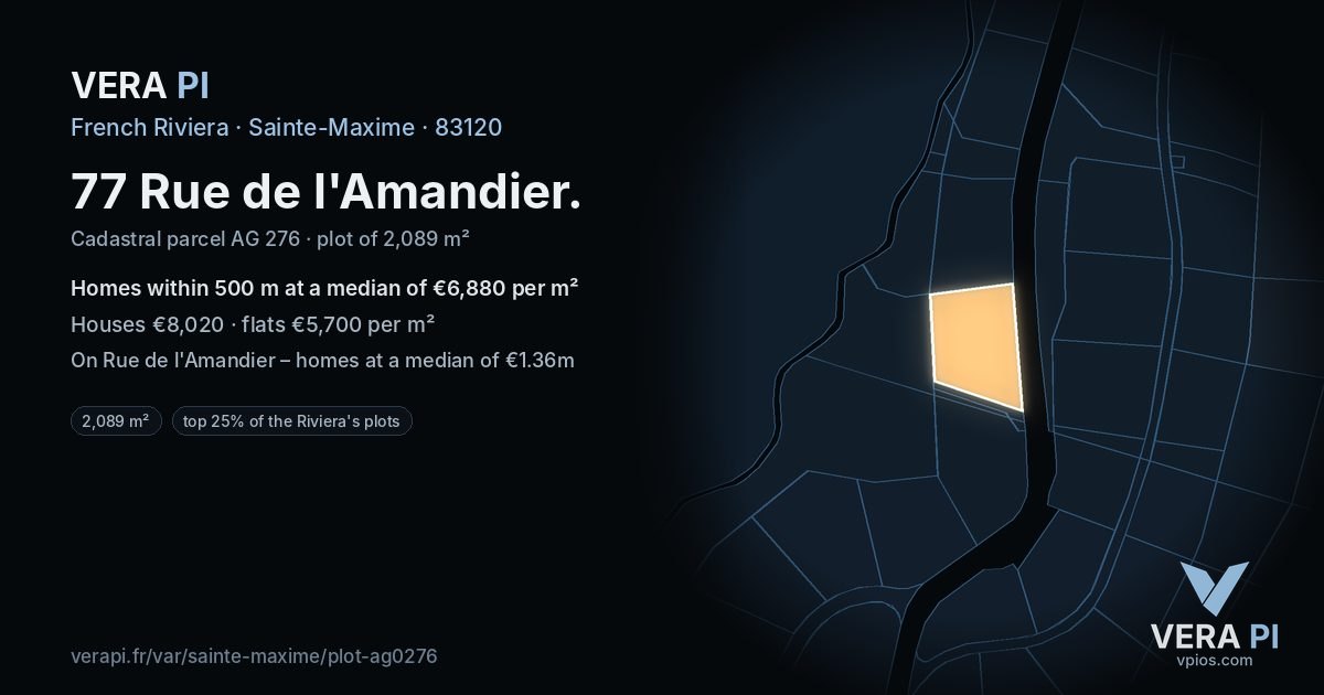 77 Rue de l'Amandier, Sainte-Maxime at night – the plot lit, the parcels around coloured by the prices near them