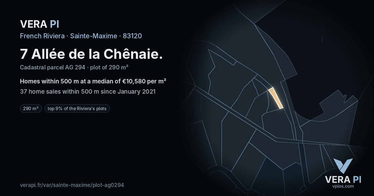 7 Allée de la Chênaie, Sainte-Maxime at night – the plot lit, the parcels around coloured by the prices near them