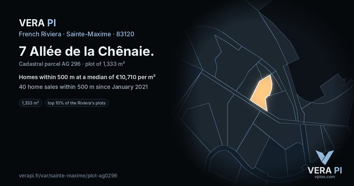 7 Allée de la Chênaie, Sainte-Maxime at night – the plot lit, the parcels around coloured by the prices near them