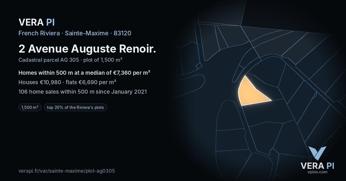 2 Avenue Auguste Renoir, Sainte-Maxime at night – the plot lit, the parcels around coloured by the prices near them