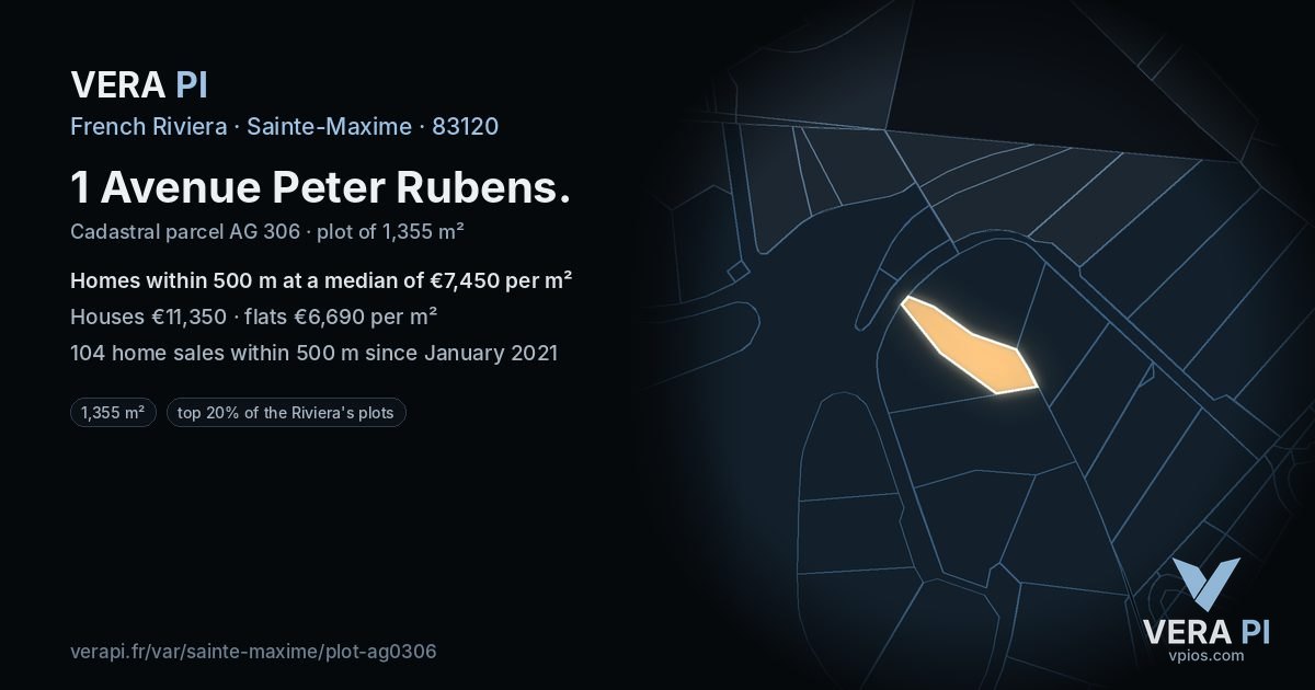 1 Avenue Peter Rubens, Sainte-Maxime at night – the plot lit, the parcels around coloured by the prices near them