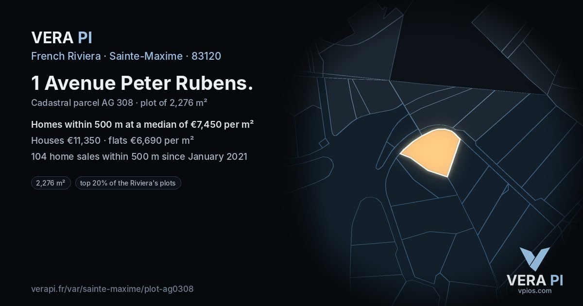 1 Avenue Peter Rubens, Sainte-Maxime at night – the plot lit, the parcels around coloured by the prices near them