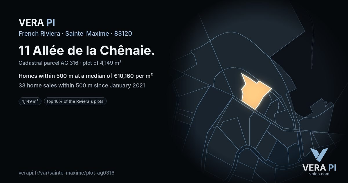 11 Allée de la Chênaie, Sainte-Maxime at night – the plot lit, the parcels around coloured by the prices near them