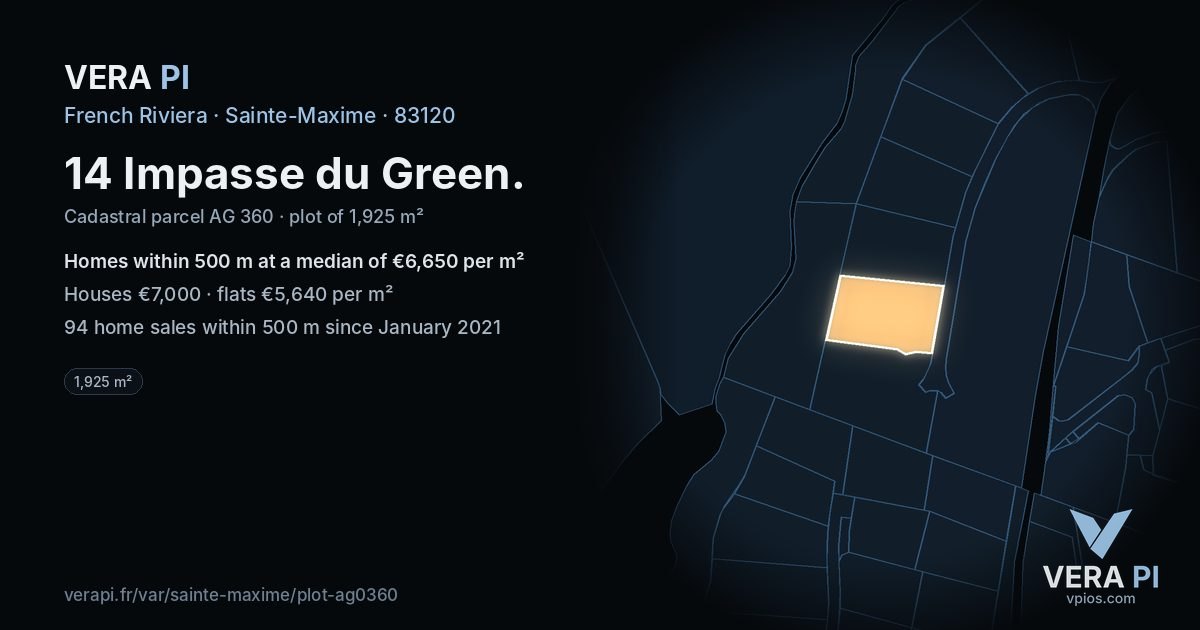 14 Impasse du Green, Sainte-Maxime at night – the plot lit, the parcels around coloured by the prices near them