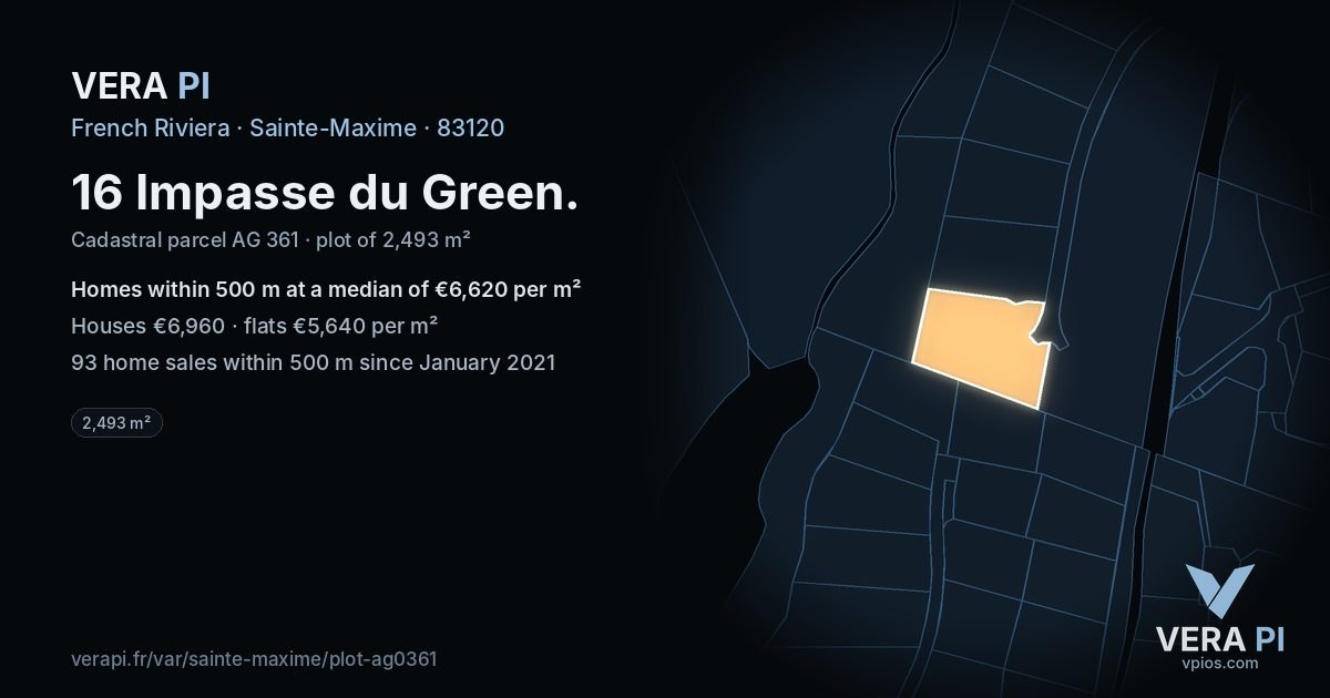16 Impasse du Green, Sainte-Maxime at night – the plot lit, the parcels around coloured by the prices near them