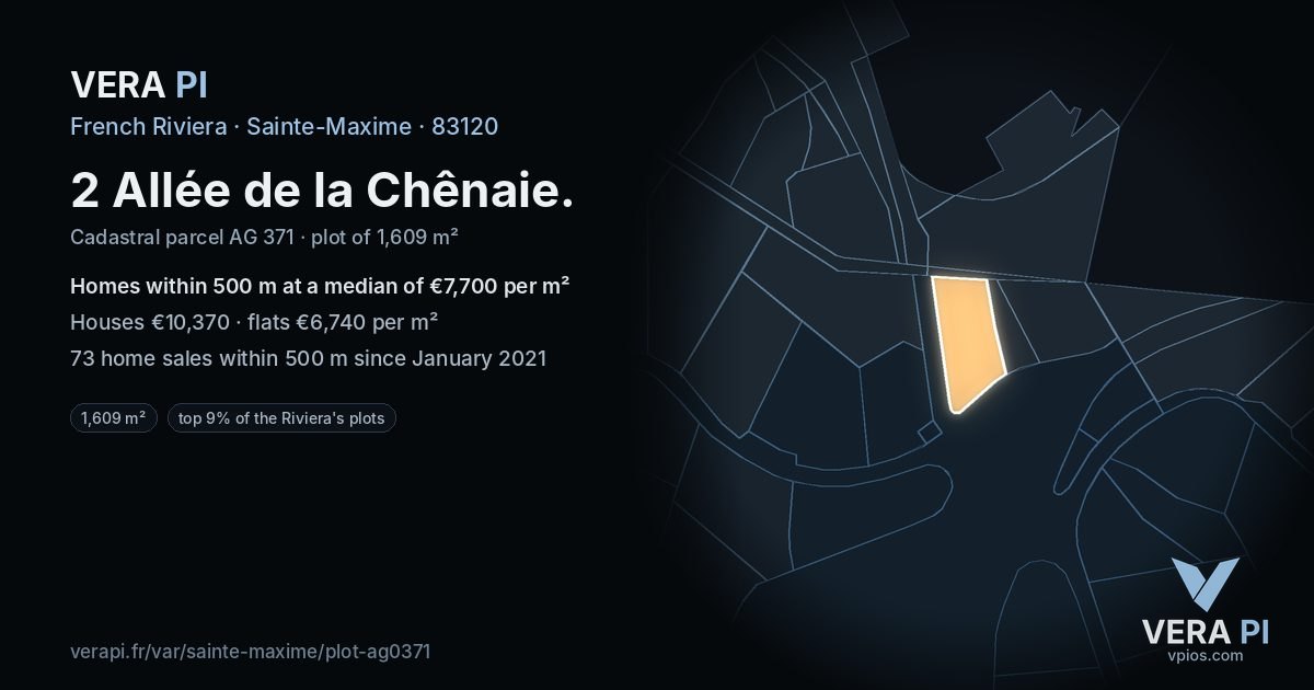 2 Allée de la Chênaie, Sainte-Maxime at night – the plot lit, the parcels around coloured by the prices near them