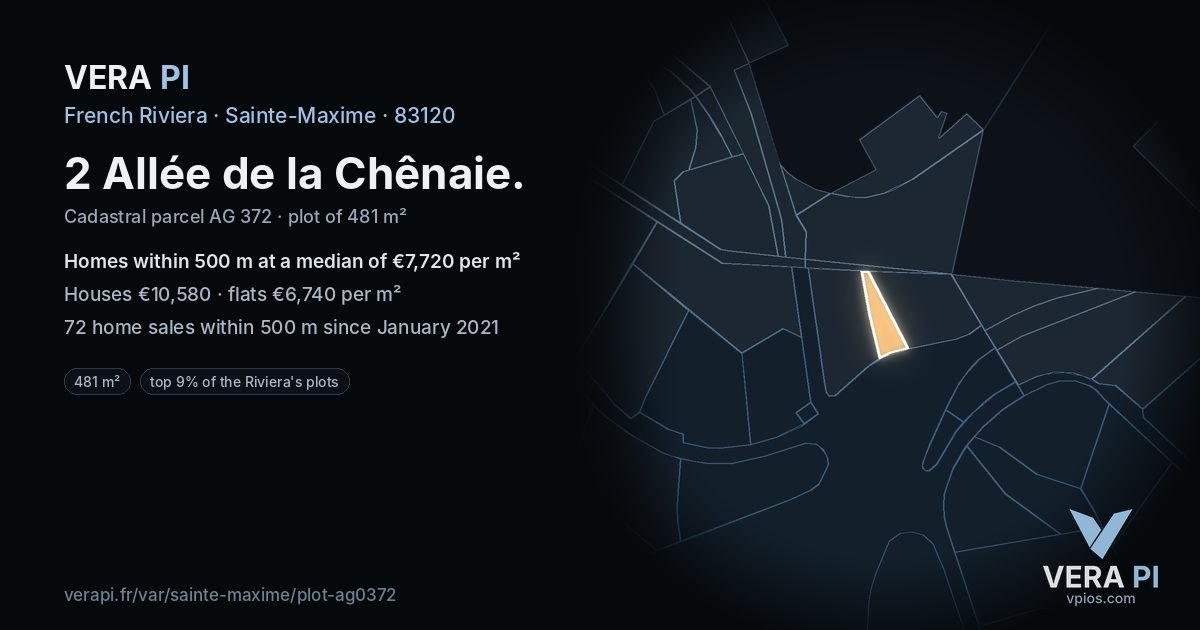 2 Allée de la Chênaie, Sainte-Maxime at night – the plot lit, the parcels around coloured by the prices near them