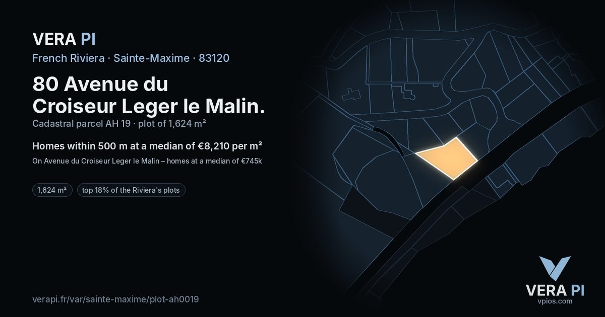 80 Avenue du Croiseur Leger le Malin, Sainte-Maxime at night – the plot lit, the parcels around coloured by the prices near them