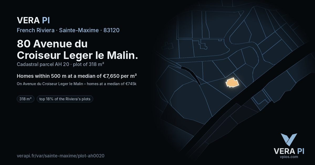 80 Avenue du Croiseur Leger le Malin, Sainte-Maxime at night – the plot lit, the parcels around coloured by the prices near them