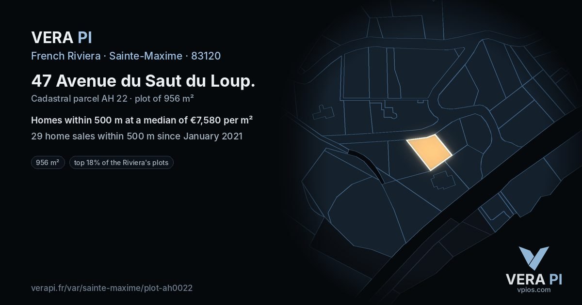 47 Avenue du Saut du Loup, Sainte-Maxime at night – the plot lit, the parcels around coloured by the prices near them