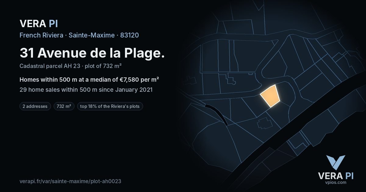 31 Avenue de la Plage, Sainte-Maxime at night – the plot lit, the parcels around coloured by the prices near them