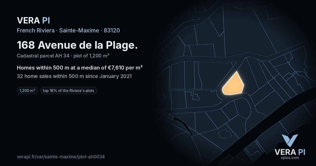 168 Avenue de la Plage, Sainte-Maxime at night – the plot lit, the parcels around coloured by the prices near them