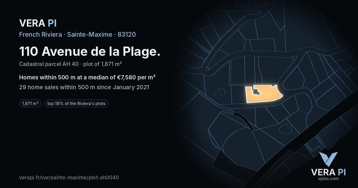 110 Avenue de la Plage, Sainte-Maxime at night – the plot lit, the parcels around coloured by the prices near them