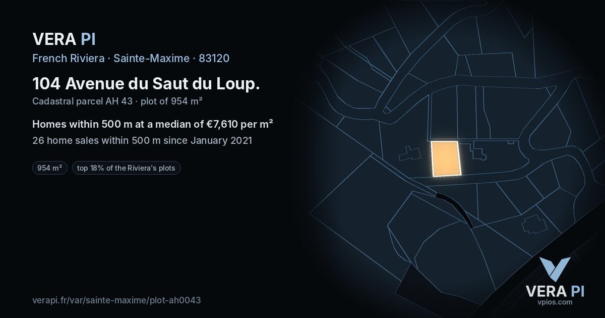 104 Avenue du Saut du Loup, Sainte-Maxime at night – the plot lit, the parcels around coloured by the prices near them