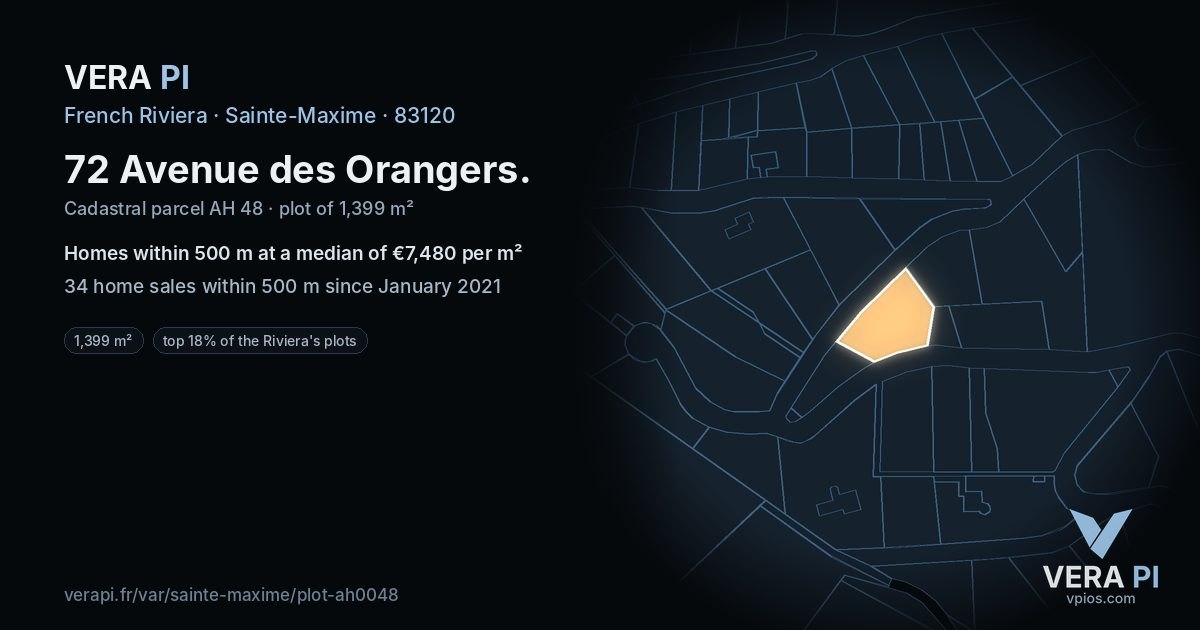 72 Avenue des Orangers, Sainte-Maxime at night – the plot lit, the parcels around coloured by the prices near them