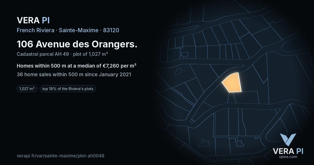106 Avenue des Orangers, Sainte-Maxime at night – the plot lit, the parcels around coloured by the prices near them