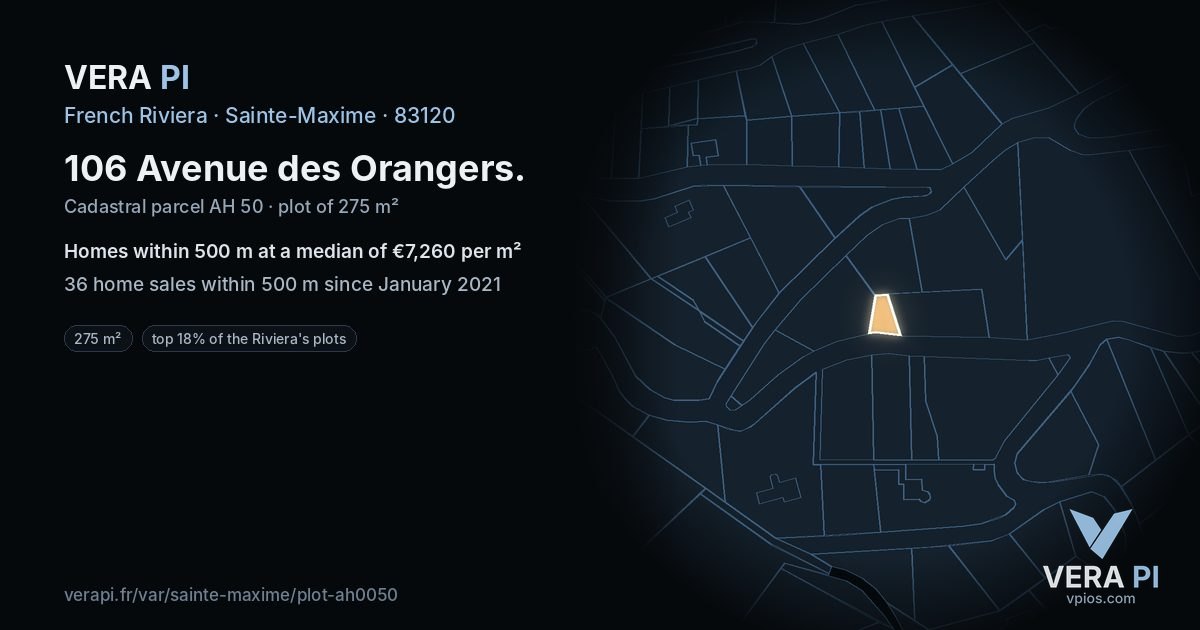 106 Avenue des Orangers, Sainte-Maxime at night – the plot lit, the parcels around coloured by the prices near them