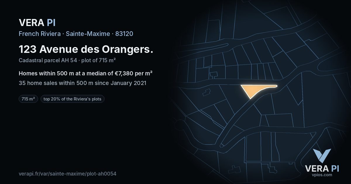 123 Avenue des Orangers, Sainte-Maxime at night – the plot lit, the parcels around coloured by the prices near them