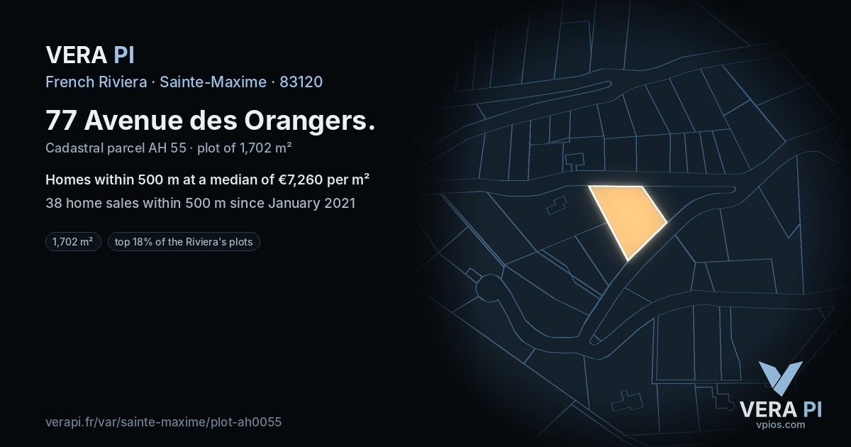 77 Avenue des Orangers, Sainte-Maxime at night – the plot lit, the parcels around coloured by the prices near them