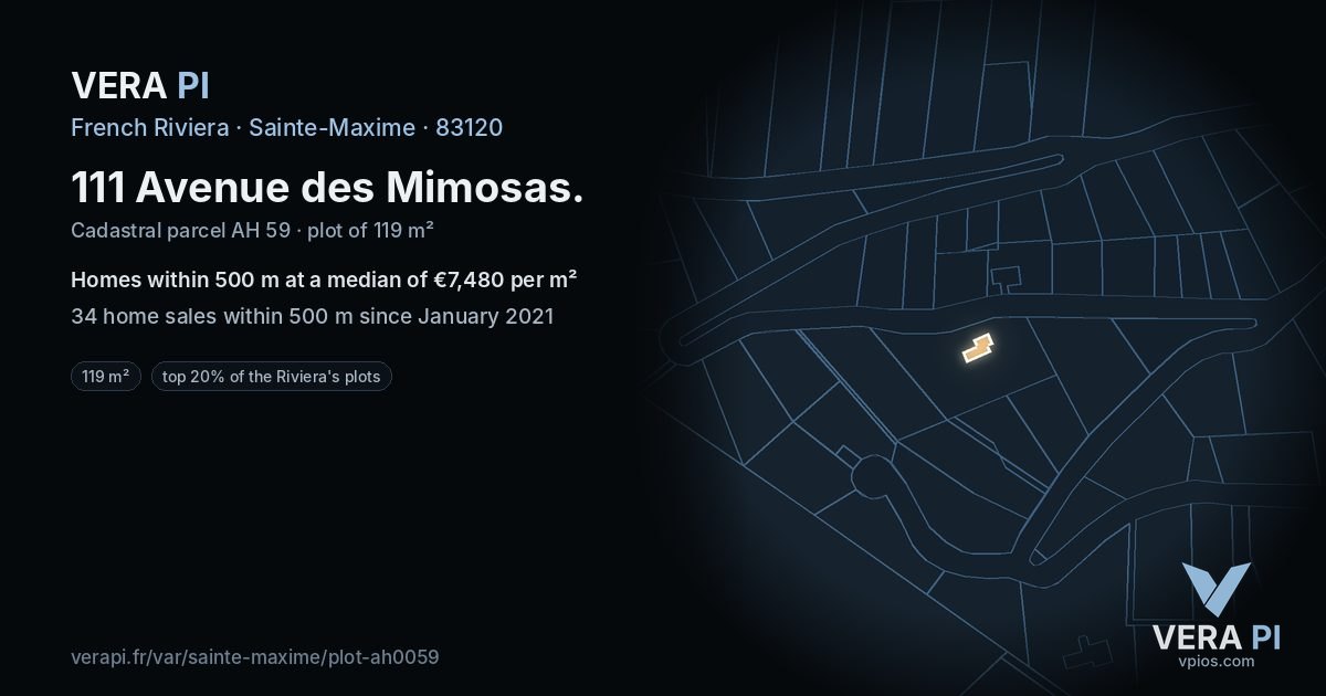 111 Avenue des Mimosas, Sainte-Maxime at night – the plot lit, the parcels around coloured by the prices near them