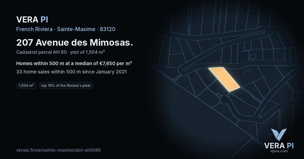 207 Avenue des Mimosas, Sainte-Maxime at night – the plot lit, the parcels around coloured by the prices near them