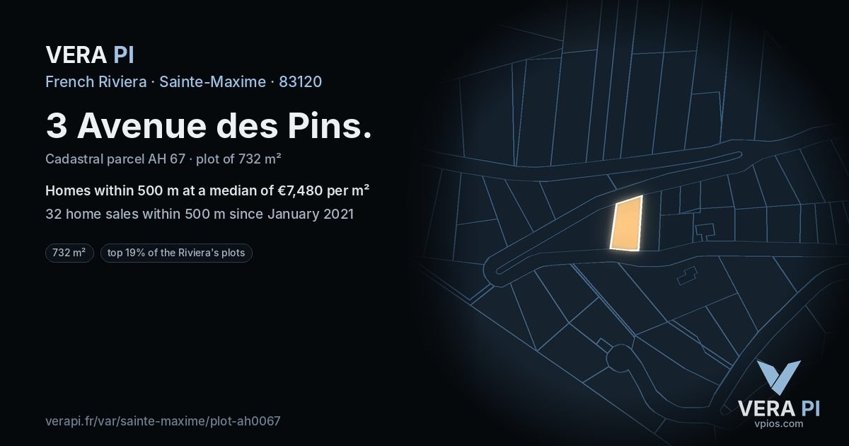 3 Avenue des Pins, Sainte-Maxime at night – the plot lit, the parcels around coloured by the prices near them