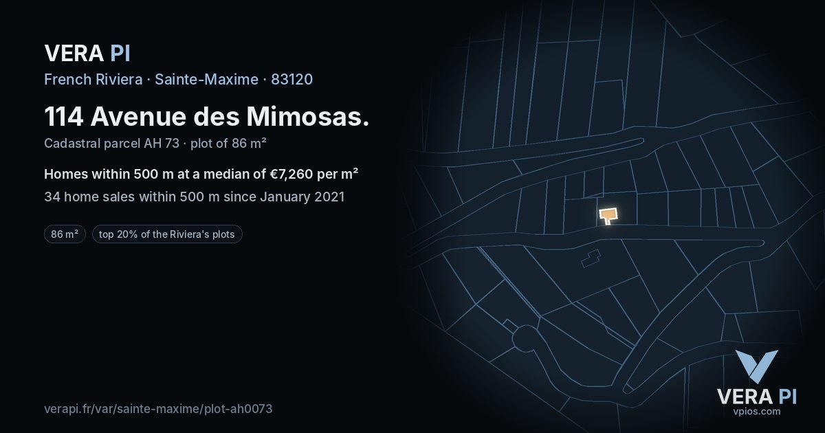 114 Avenue des Mimosas, Sainte-Maxime at night – the plot lit, the parcels around coloured by the prices near them