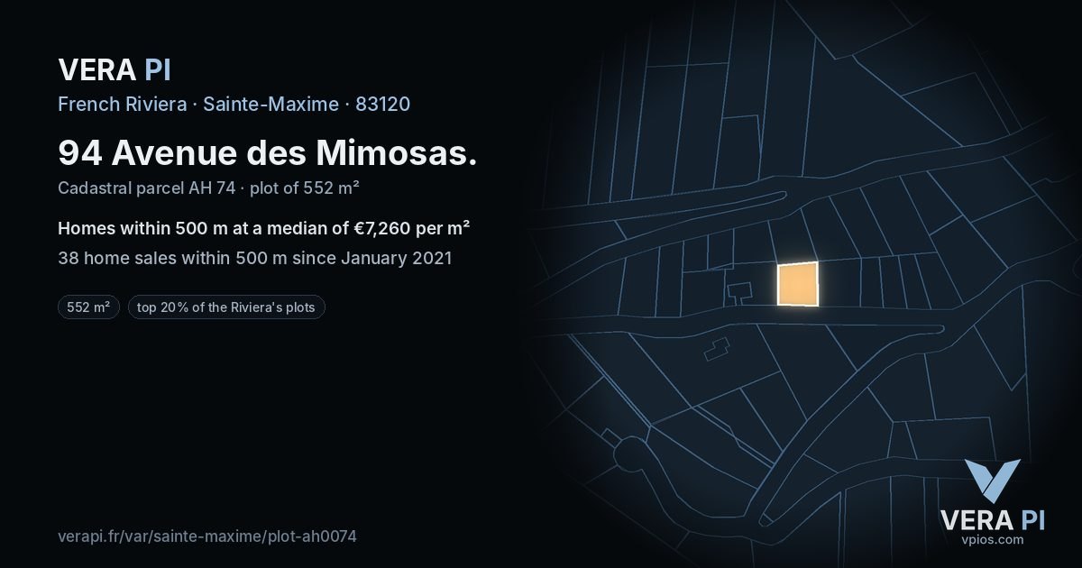 94 Avenue des Mimosas, Sainte-Maxime at night – the plot lit, the parcels around coloured by the prices near them