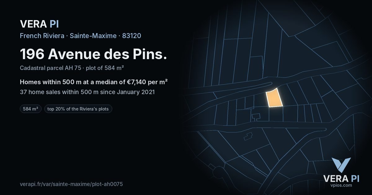 196 Avenue des Pins, Sainte-Maxime at night – the plot lit, the parcels around coloured by the prices near them