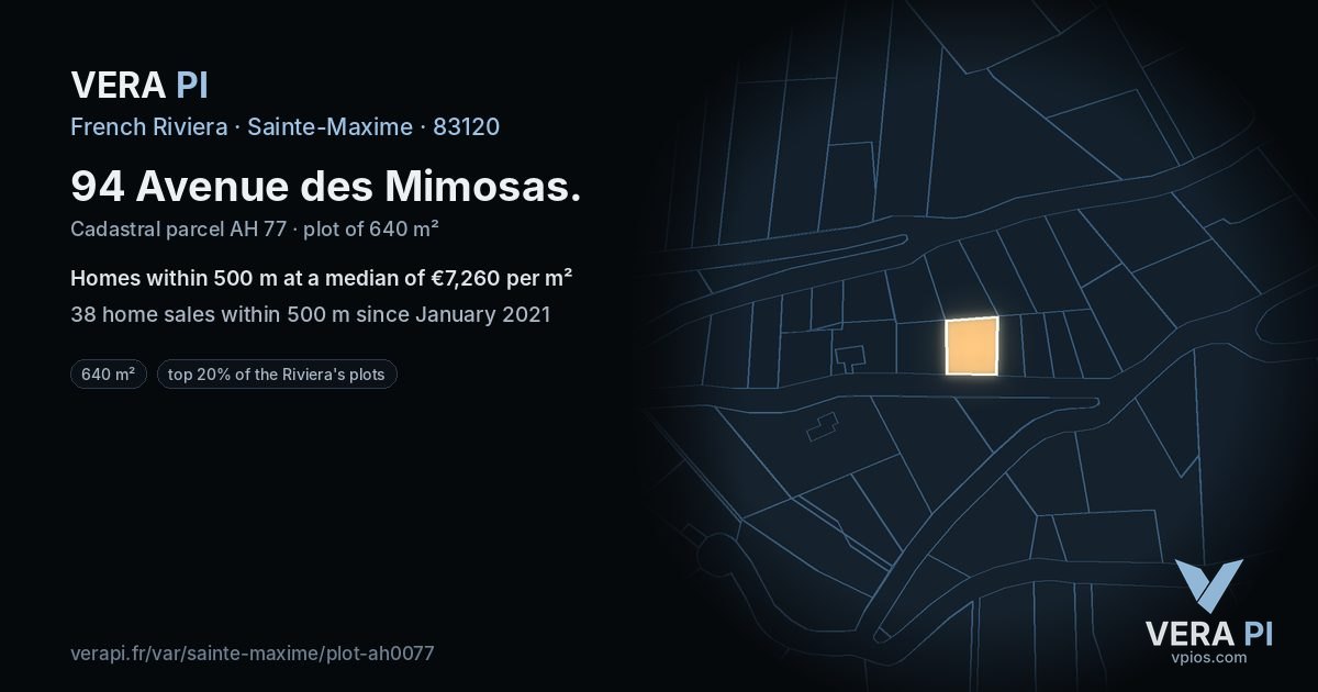 94 Avenue des Mimosas, Sainte-Maxime at night – the plot lit, the parcels around coloured by the prices near them
