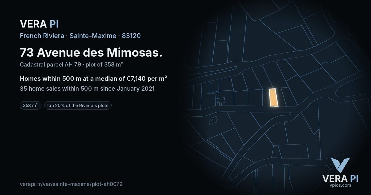 73 Avenue des Mimosas, Sainte-Maxime at night – the plot lit, the parcels around coloured by the prices near them