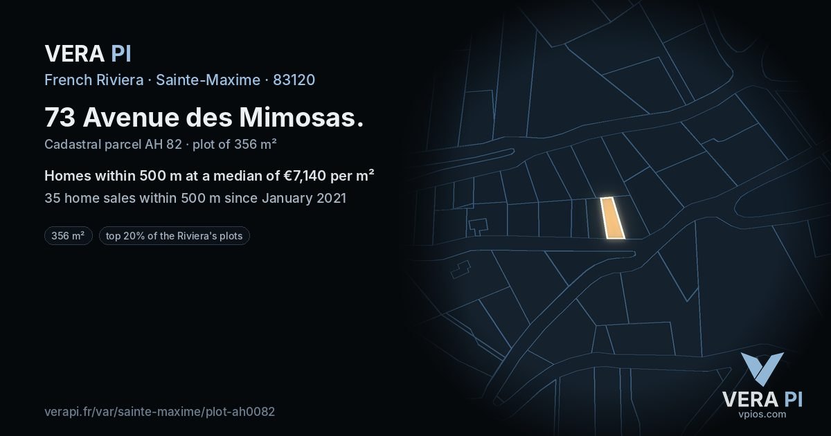 73 Avenue des Mimosas, Sainte-Maxime at night – the plot lit, the parcels around coloured by the prices near them