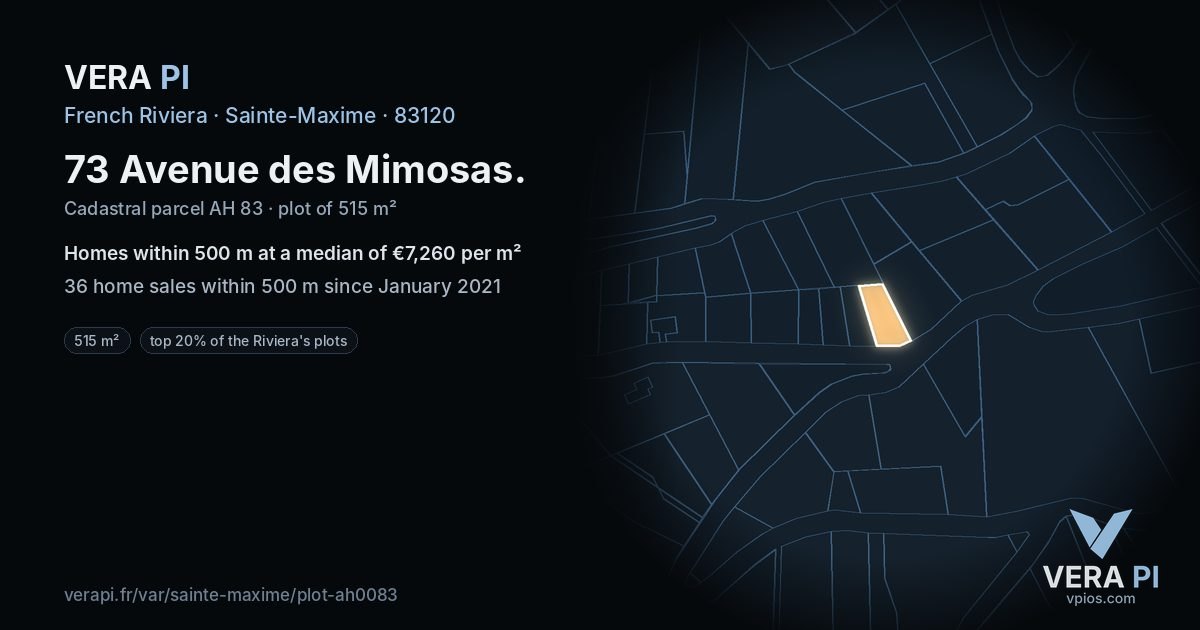 73 Avenue des Mimosas, Sainte-Maxime at night – the plot lit, the parcels around coloured by the prices near them