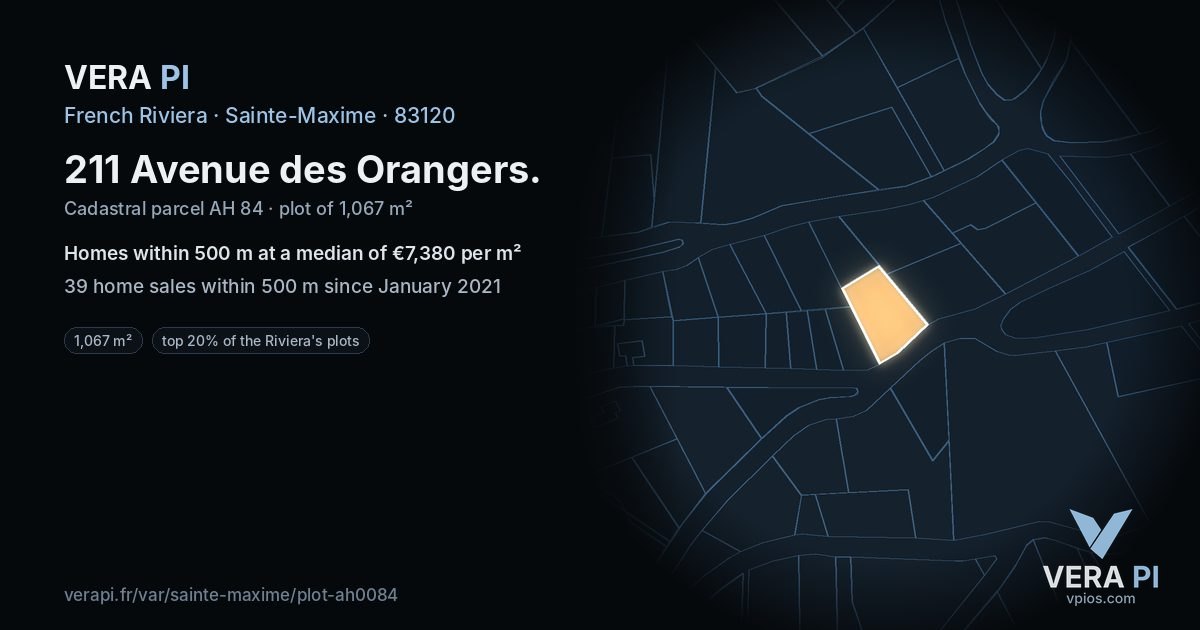 211 Avenue des Orangers, Sainte-Maxime at night – the plot lit, the parcels around coloured by the prices near them