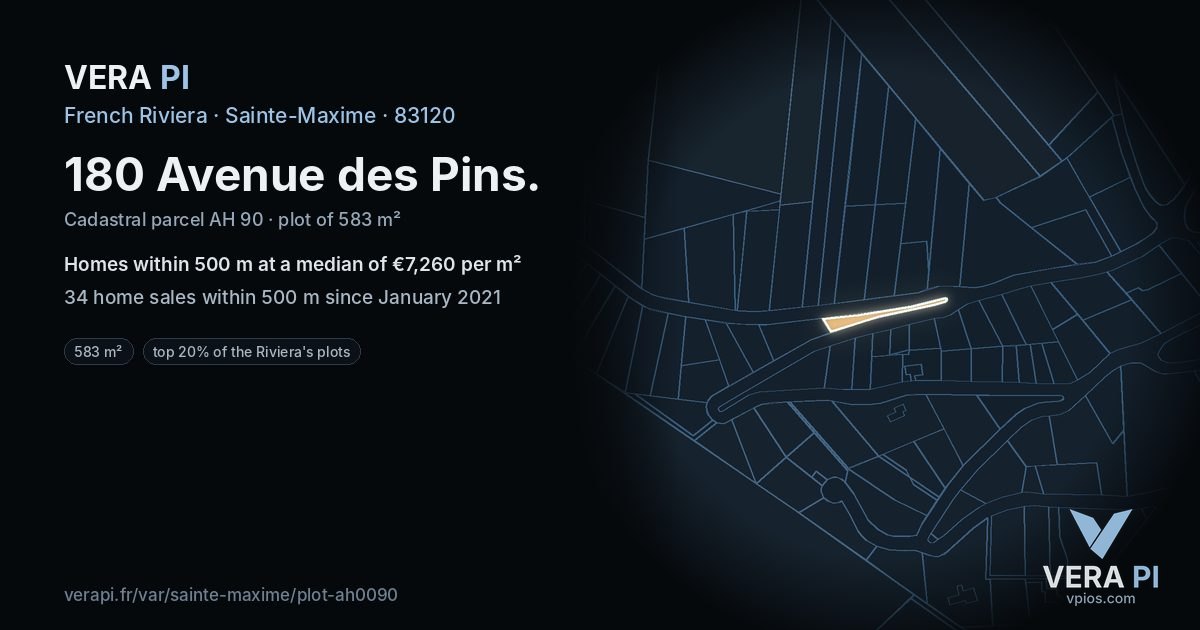 180 Avenue des Pins, Sainte-Maxime at night – the plot lit, the parcels around coloured by the prices near them