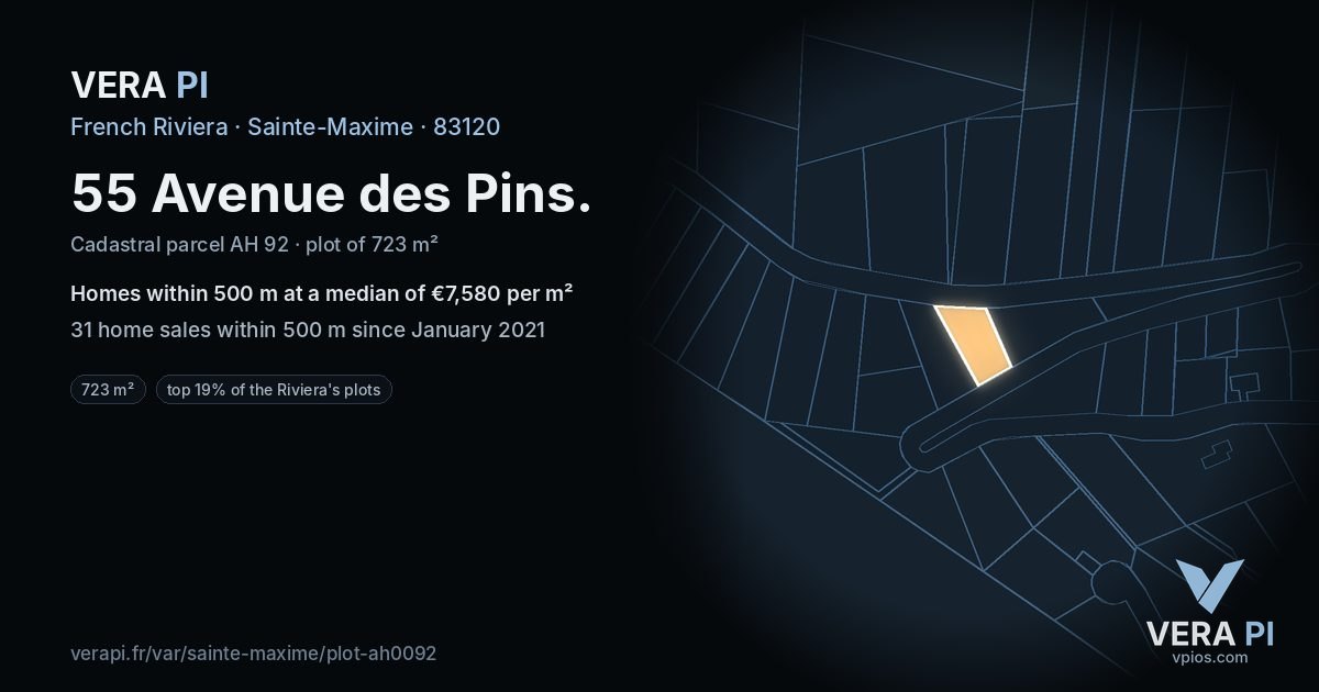 55 Avenue des Pins, Sainte-Maxime at night – the plot lit, the parcels around coloured by the prices near them