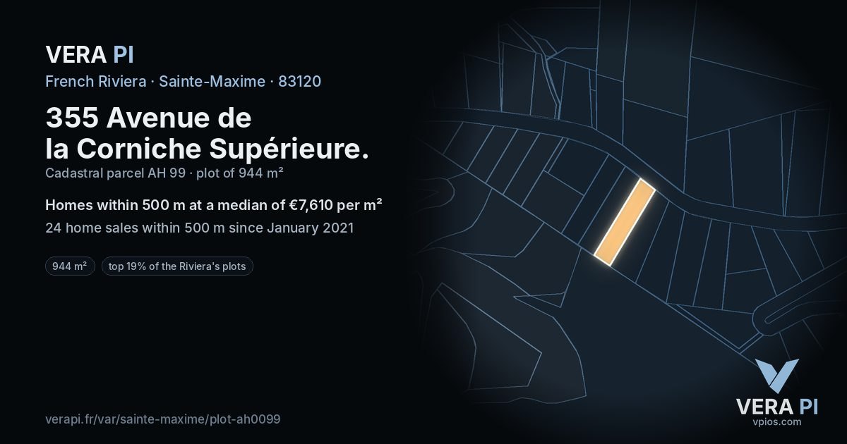 355 Avenue de la Corniche Supérieure, Sainte-Maxime at night – the plot lit, the parcels around coloured by the prices near them