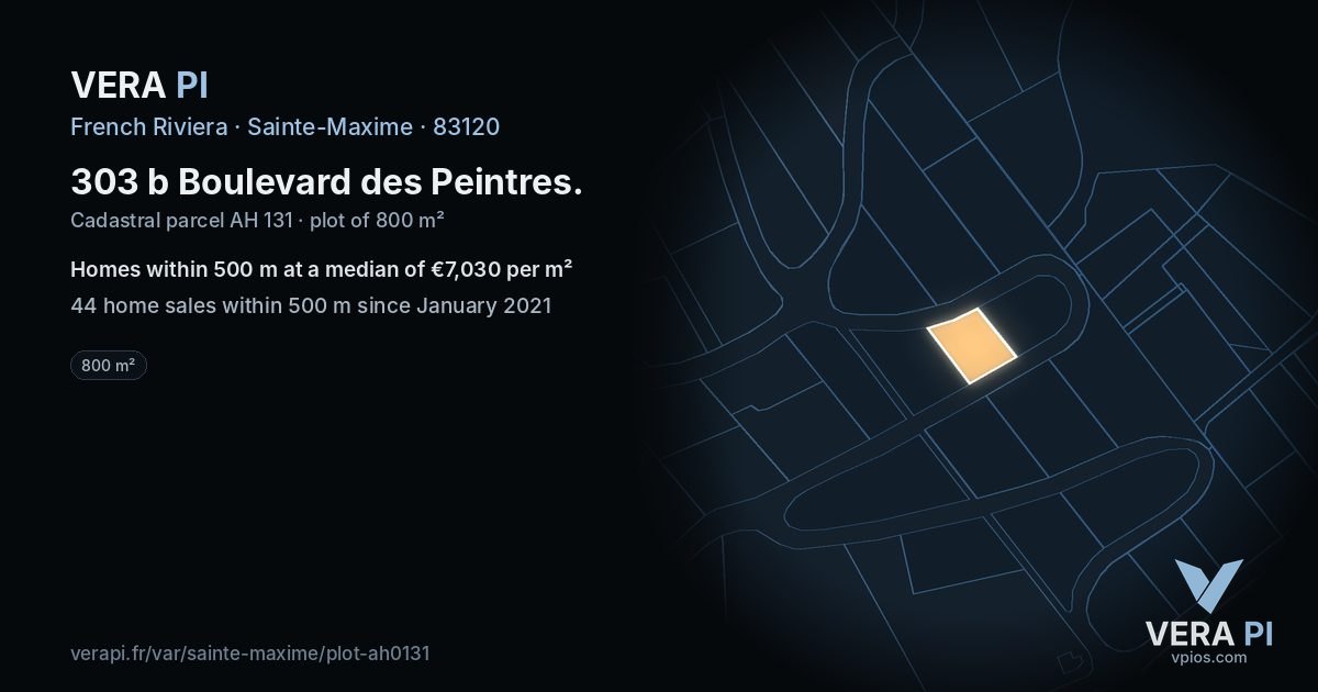 303 b Boulevard des Peintres, Sainte-Maxime at night – the plot lit, the parcels around coloured by the prices near them