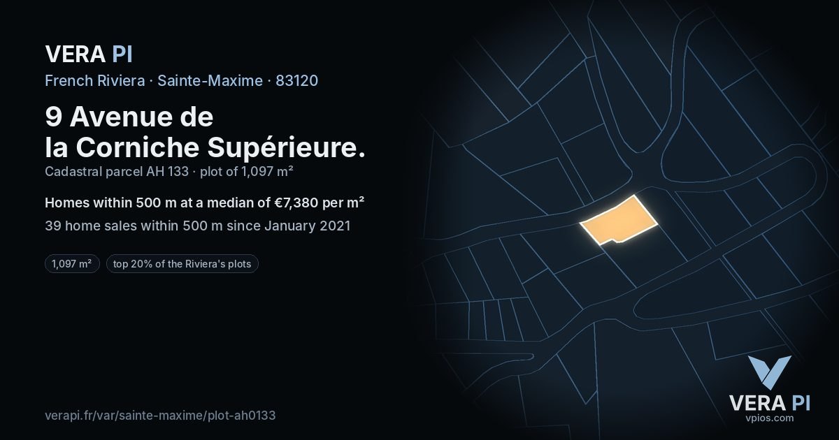 9 Avenue de la Corniche Supérieure, Sainte-Maxime at night – the plot lit, the parcels around coloured by the prices near them