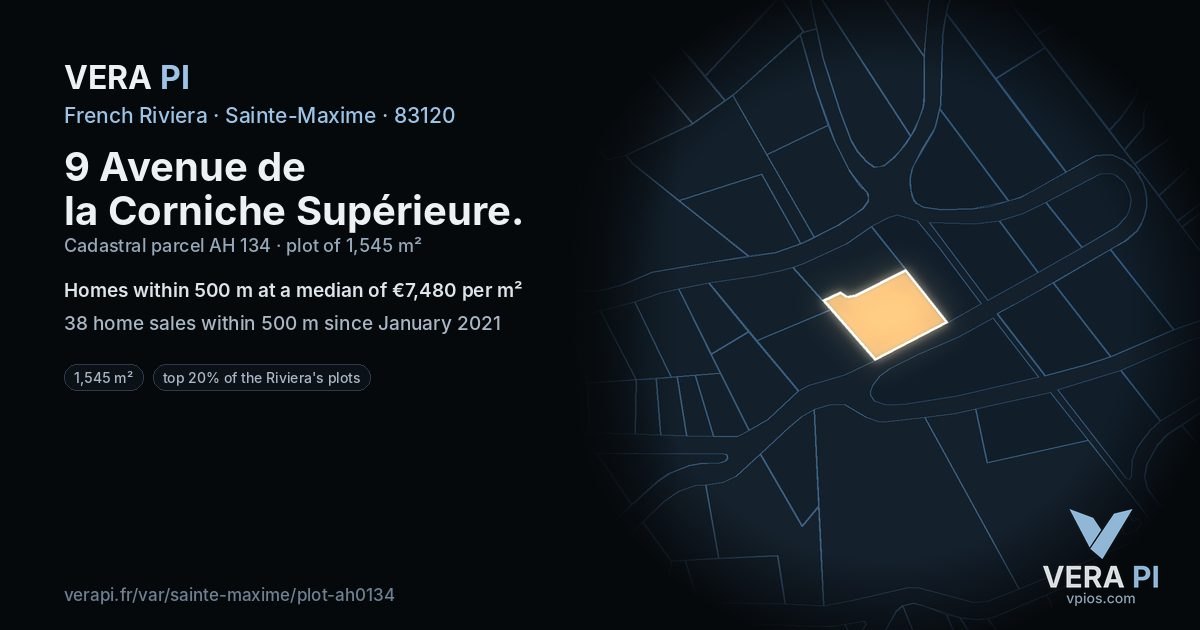 9 Avenue de la Corniche Supérieure, Sainte-Maxime at night – the plot lit, the parcels around coloured by the prices near them