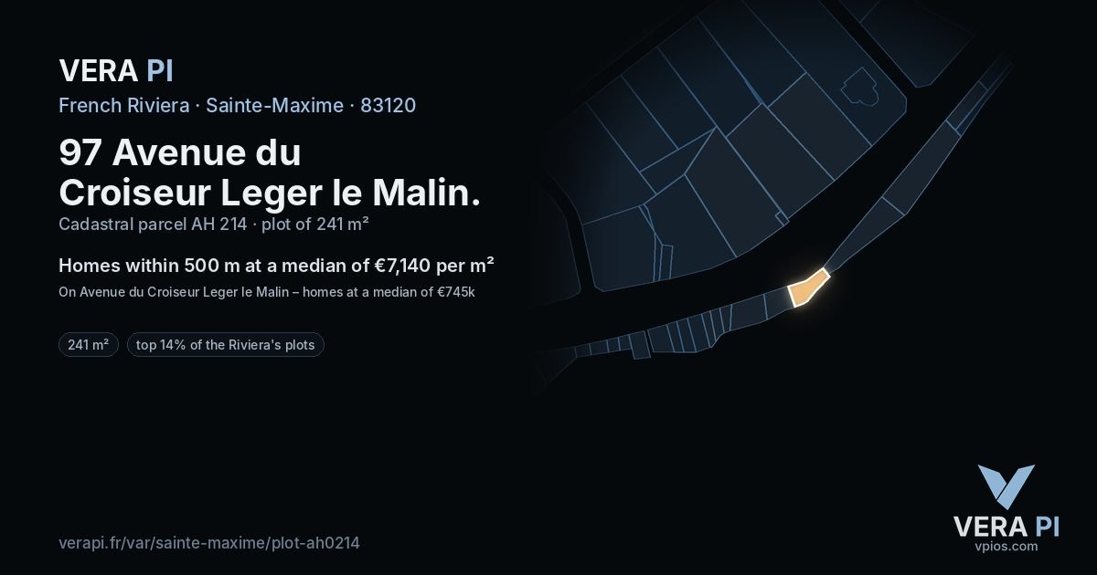 97 Avenue du Croiseur Leger le Malin, Sainte-Maxime at night – the plot lit, the parcels around coloured by the prices near them
