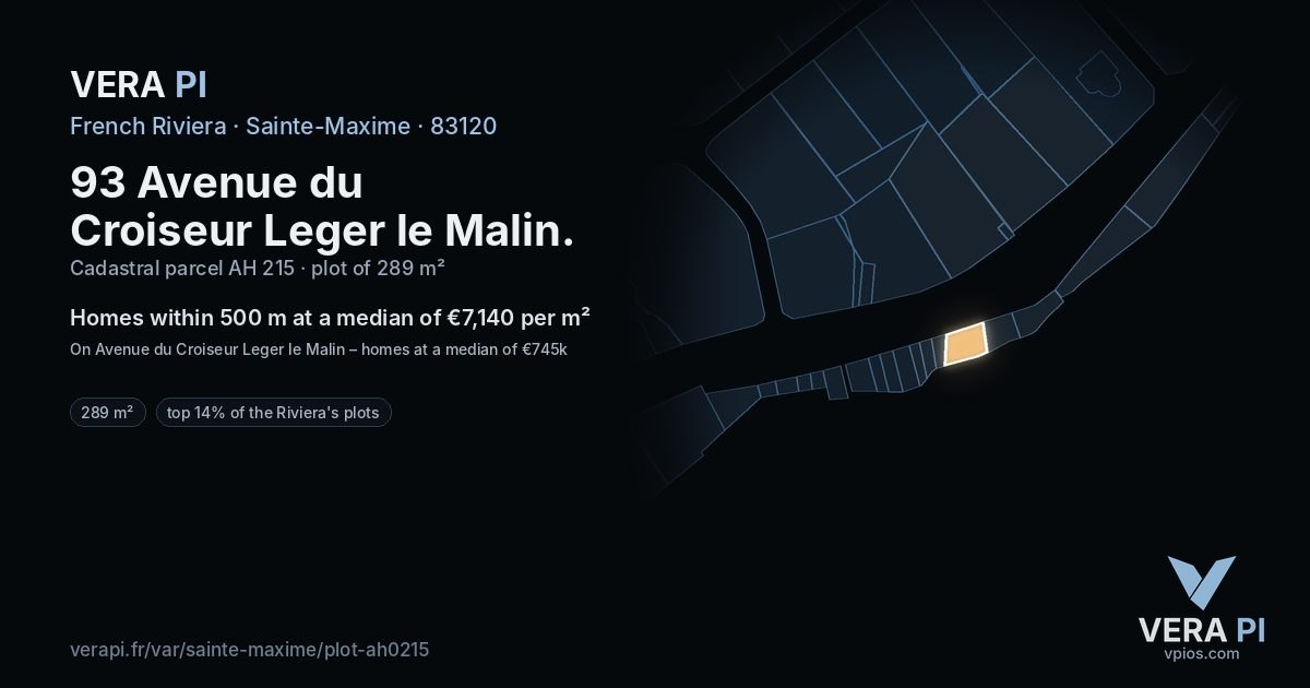 93 Avenue du Croiseur Leger le Malin, Sainte-Maxime at night – the plot lit, the parcels around coloured by the prices near them
