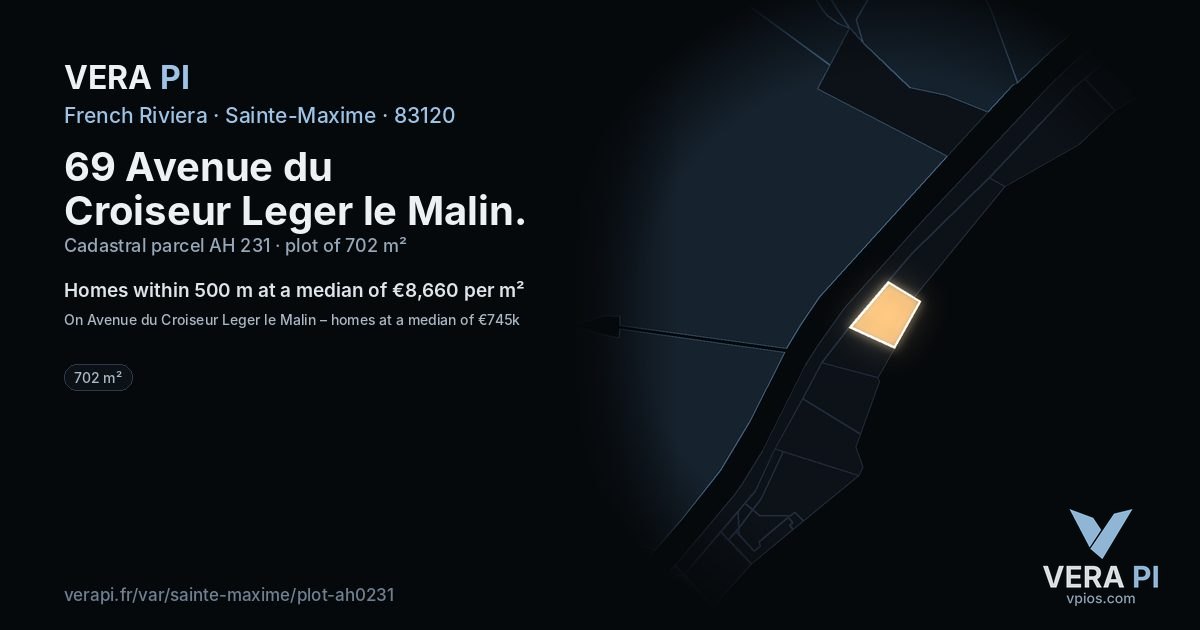 69 Avenue du Croiseur Leger le Malin, Sainte-Maxime at night – the plot lit, the parcels around coloured by the prices near them