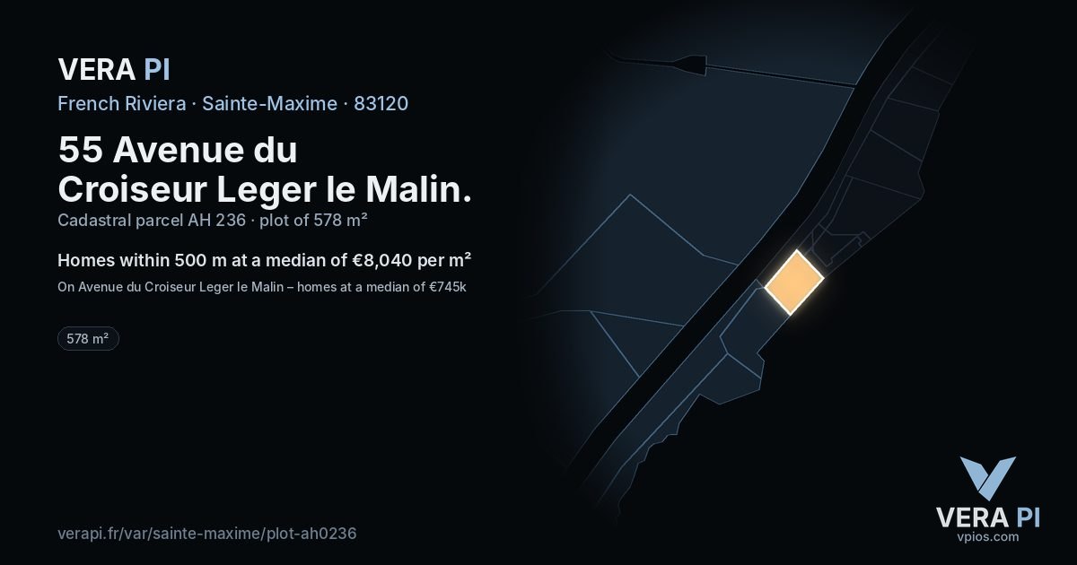 55 Avenue du Croiseur Leger le Malin, Sainte-Maxime at night – the plot lit, the parcels around coloured by the prices near them