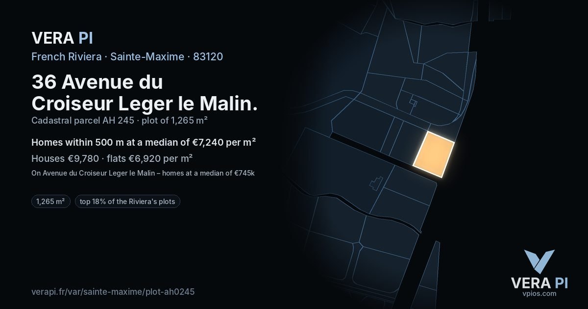36 Avenue du Croiseur Leger le Malin, Sainte-Maxime at night – the plot lit, the parcels around coloured by the prices near them