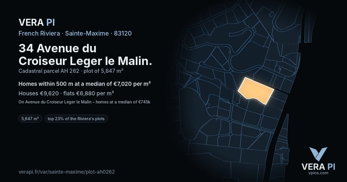 34 Avenue du Croiseur Leger le Malin, Sainte-Maxime at night – the plot lit, the parcels around coloured by the prices near them