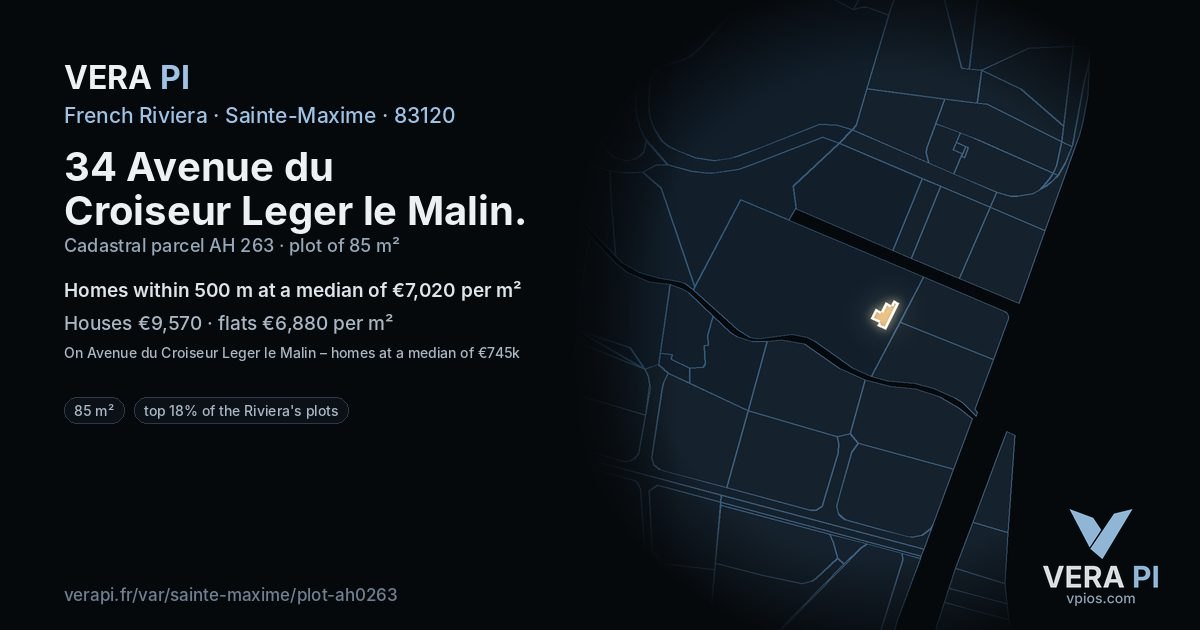 34 Avenue du Croiseur Leger le Malin, Sainte-Maxime at night – the plot lit, the parcels around coloured by the prices near them