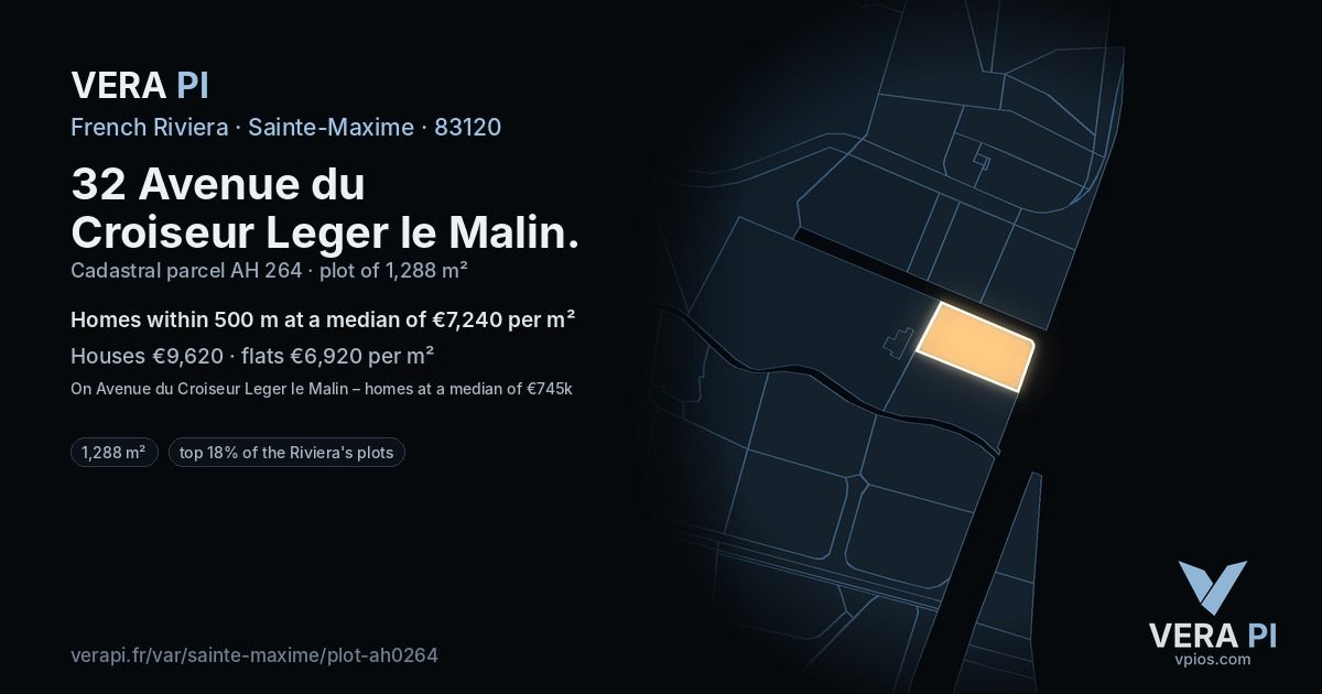32 Avenue du Croiseur Leger le Malin, Sainte-Maxime at night – the plot lit, the parcels around coloured by the prices near them